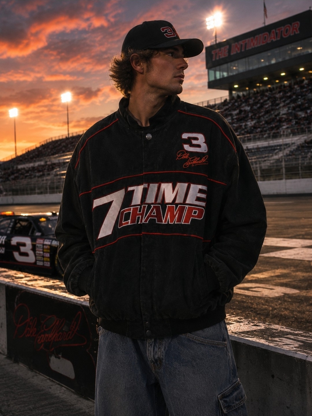 Dale Earnhardt Black Suede Intimidator Embroidered Bomber Racing Jacket Y2K